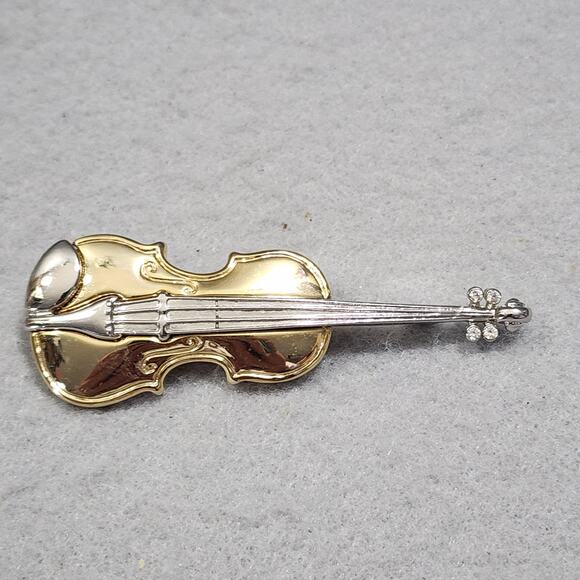 Violin Brooch Pin Rhinestone Accents On Bridge Gold & Silver Tone Vintage - Picture 8 of 16